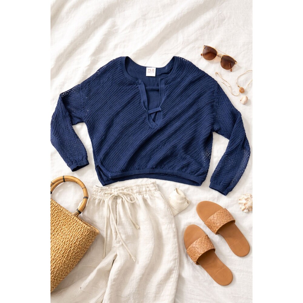 PLANET Lauren G Open Knit Crop Sweater OS Navy Lagenlook Minimalist